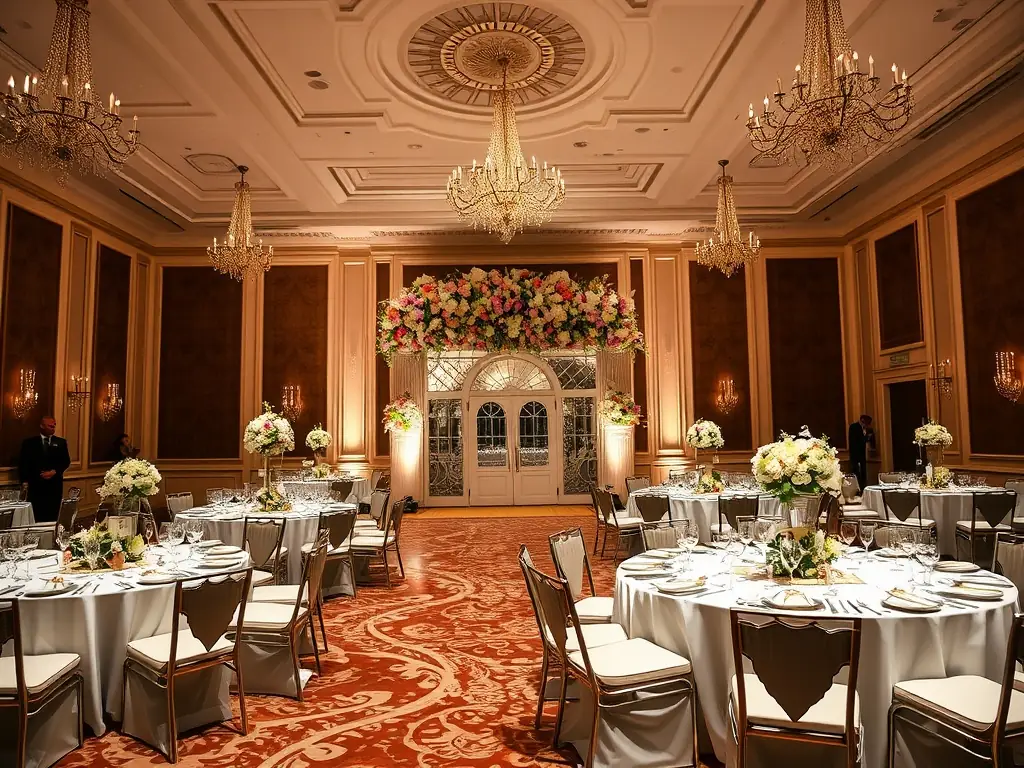 An elegant ballroom reception with exquisite decor and a grand entrance.