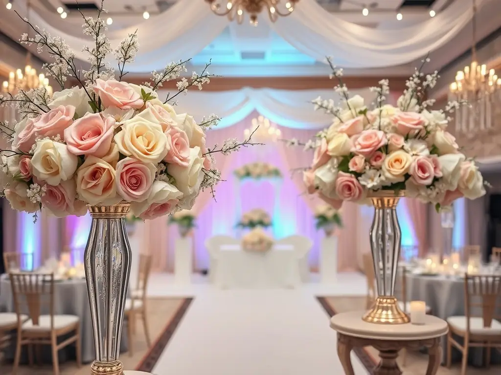 A beautifully decorated wedding venue with elegant floral arrangements and romantic ambiance.