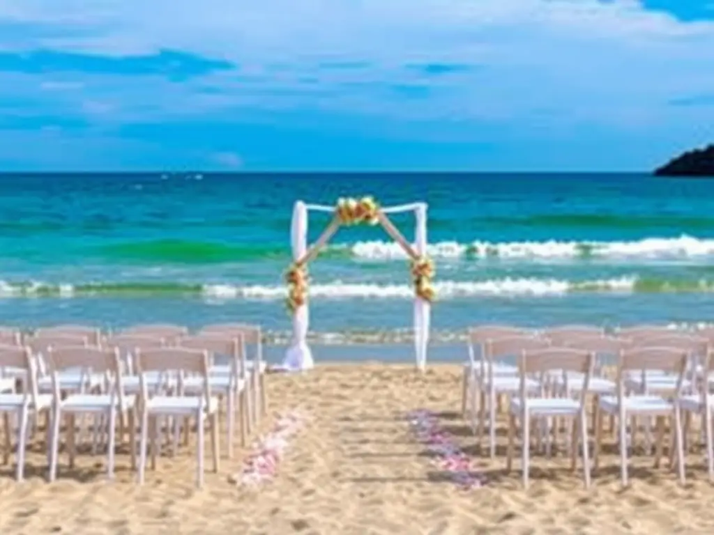 A wedding ceremony setup on a picturesque beach with the ocean in the background.