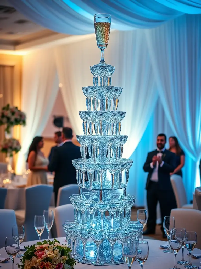 A stunning champagne tower at a luxury wedding catered by BarLab DXB, highlighting the elegance and sophistication that the company brings to special events.