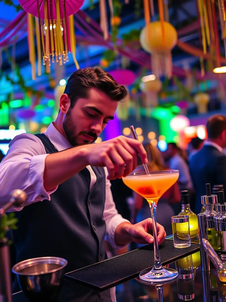 A close-up shot of a skilled mixologist crafting a vibrant cocktail at a BarLab DXB event, showcasing the attention to detail and artistry involved in their mobile cocktail catering service.