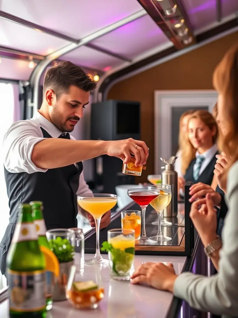 A professional mixologist crafting a cocktail at a mobile bar setup for BarLab DXB, showcasing the personalized service.