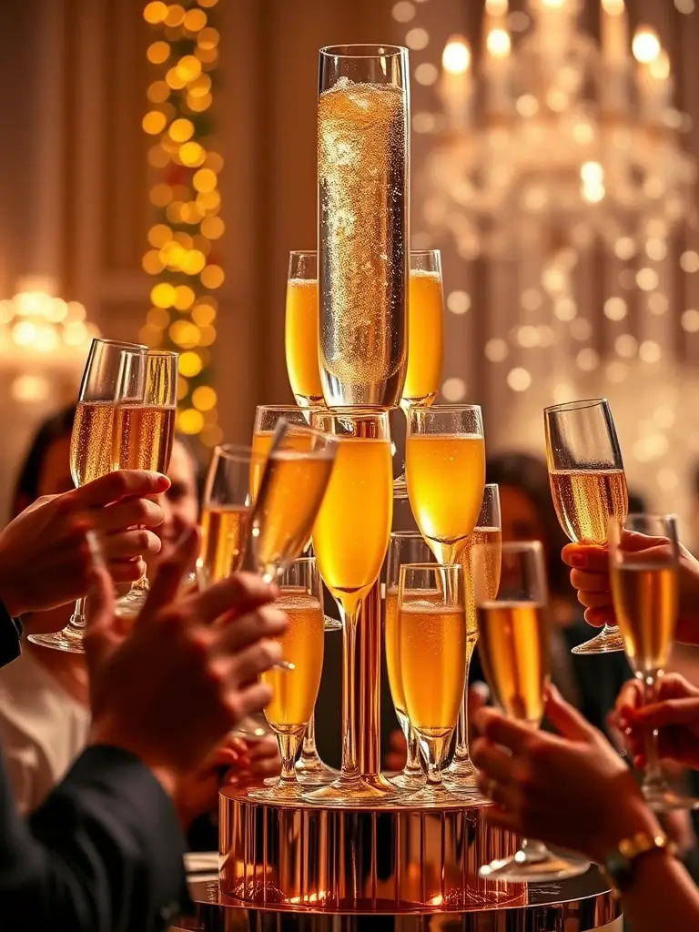 A vibrant private party with a BarLab DXB non-alcoholic champagne tower, creating a festive atmosphere with sparkling juices and elegant presentation.