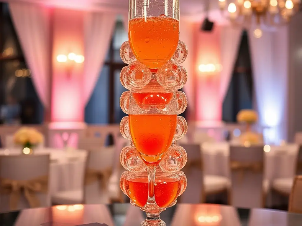 An elegant non-alcoholic champagne tower with sparkling juices, set against a backdrop of a wedding reception.