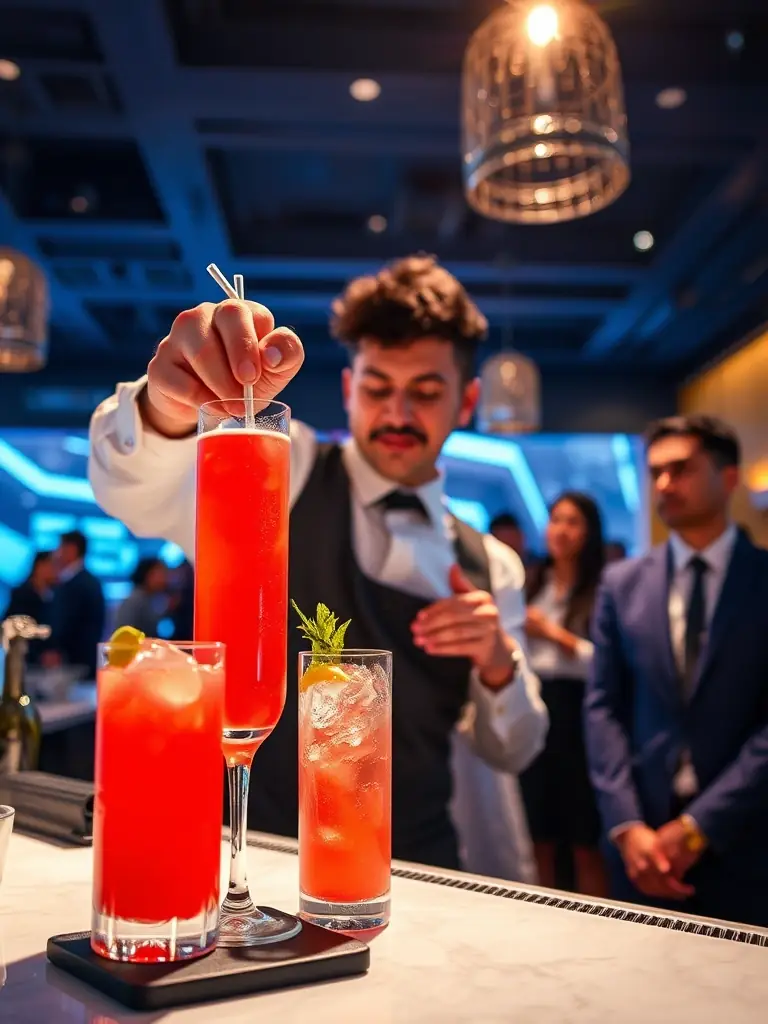 A vibrant mocktail bar setup with a skilled mixologist crafting colorful non-alcoholic cocktails at a corporate event in Dubai, showcasing the elegance and creativity of BarLab DXB.