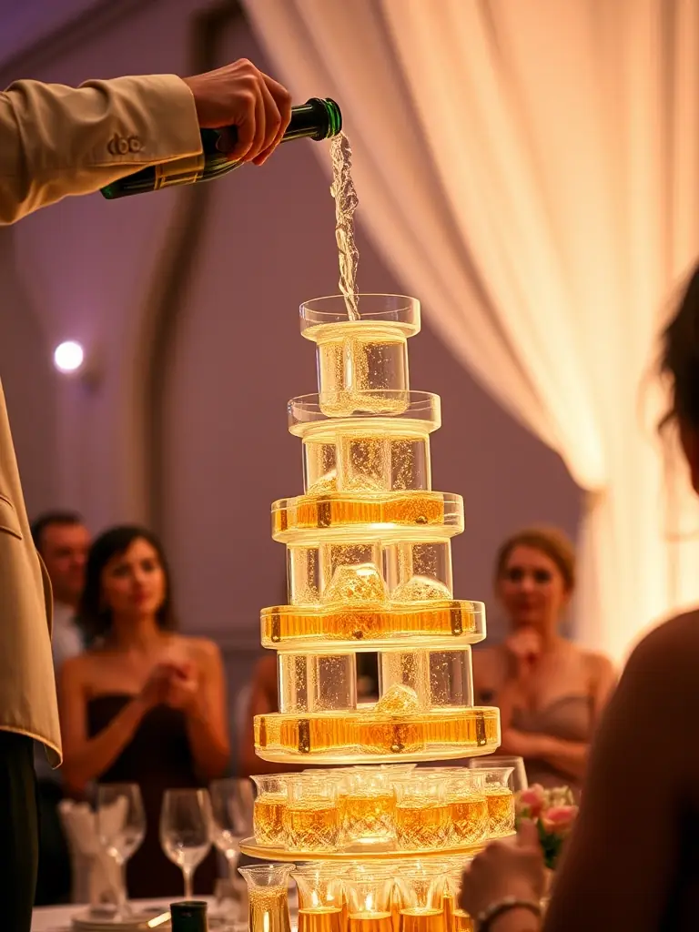 An elegant non-alcoholic champagne tower made with sparkling juices, set up at a luxurious wedding in Dubai, highlighting the celebratory atmosphere provided by BarLab DXB.