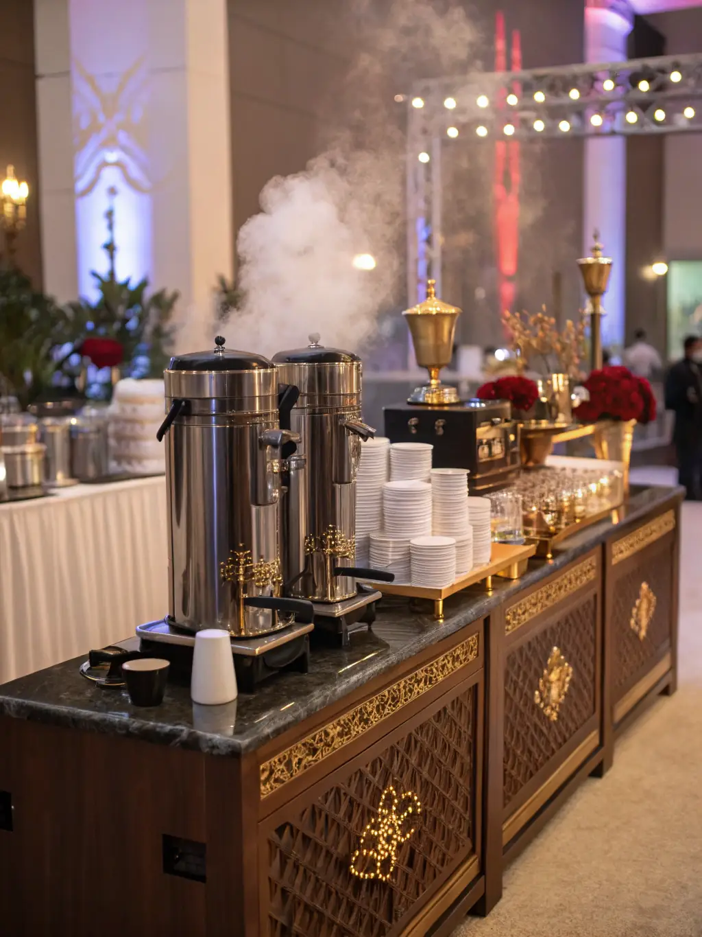 A sophisticated corporate event with a BarLab DXB coffee break station, showcasing premium coffee and tea selections served by professional baristas.