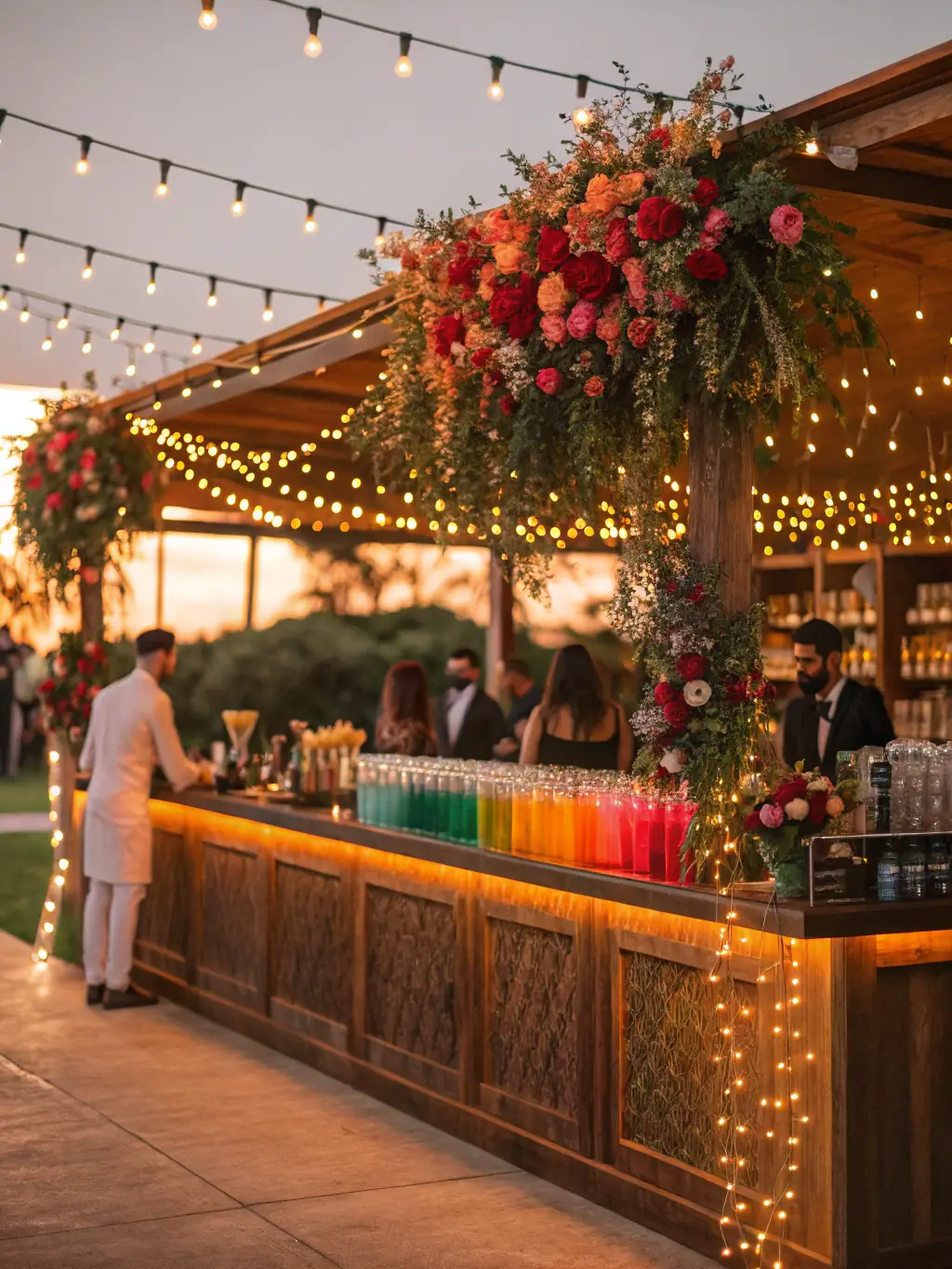 A beautifully decorated wedding reception with a BarLab DXB mocktail bar setup, featuring a variety of colorful non-alcoholic cocktails and elegant glassware.