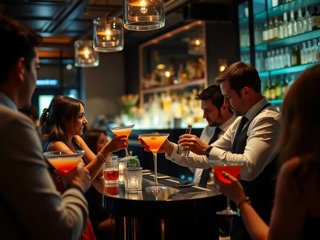 A vibrant mocktail bar setup with skilled mixologists crafting colorful non-alcoholic cocktails at a corporate event in Dubai, showcasing the lively atmosphere and creative drink options.