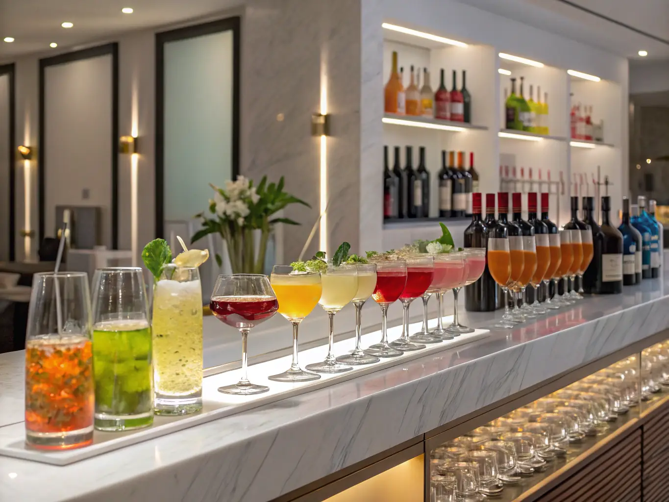 A vibrant mocktail bar setup with colorful drinks and fresh fruit garnishes, capturing the lively atmosphere of a BarLab DXB event.