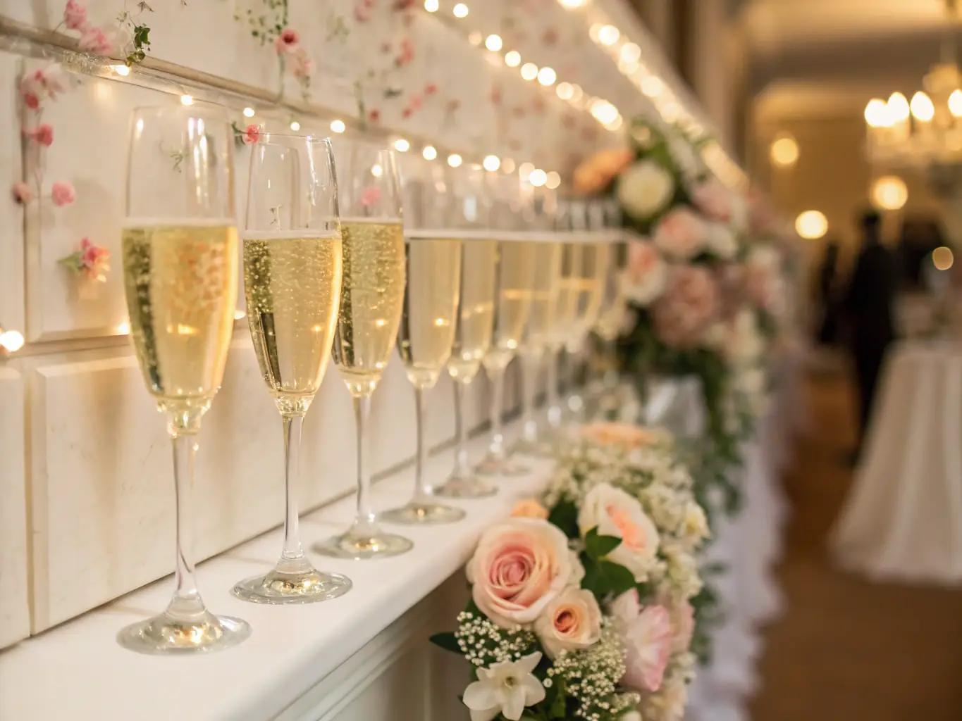 An elegant non-alcoholic champagne tower made of sparkling juice glasses at a wedding in Dubai, highlighting the luxurious and celebratory atmosphere.